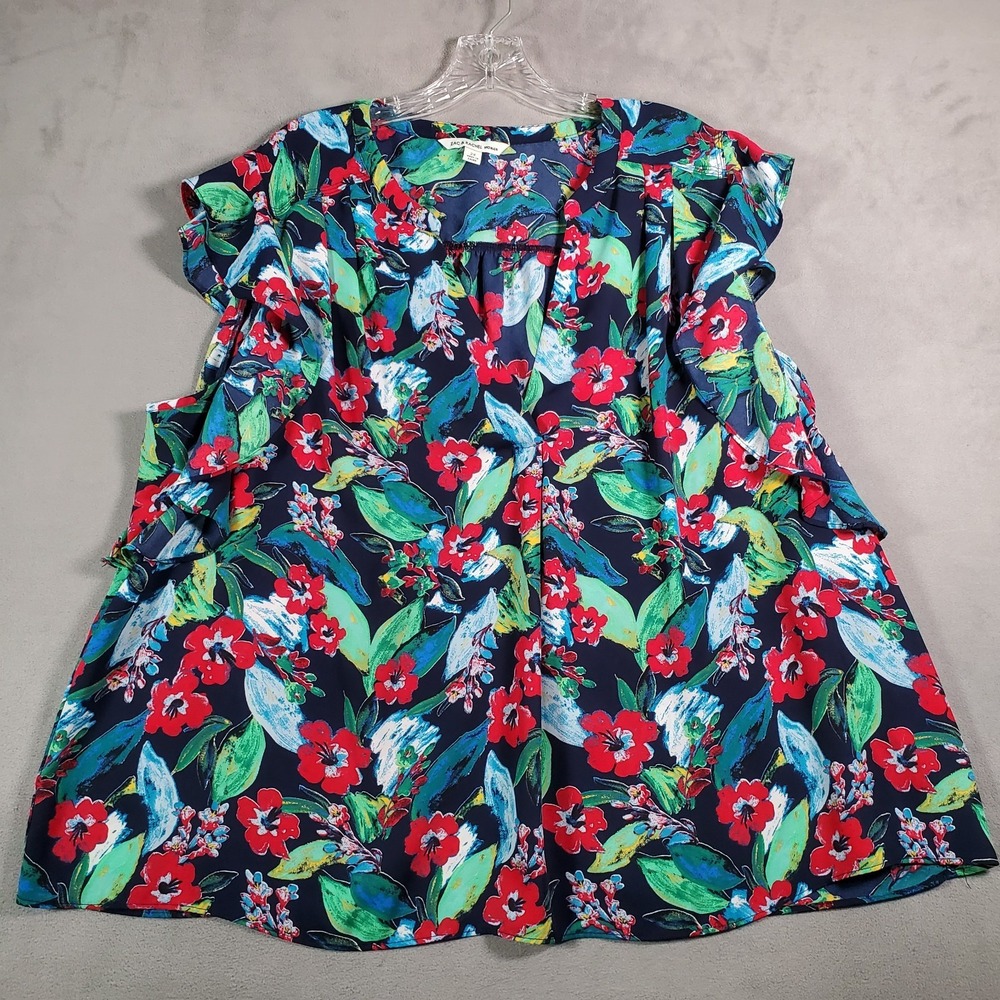 Zac & Rachel Top Womens 2X Blue Red Floral Ruffle Flutter Cap Sleeve Boho Artsy